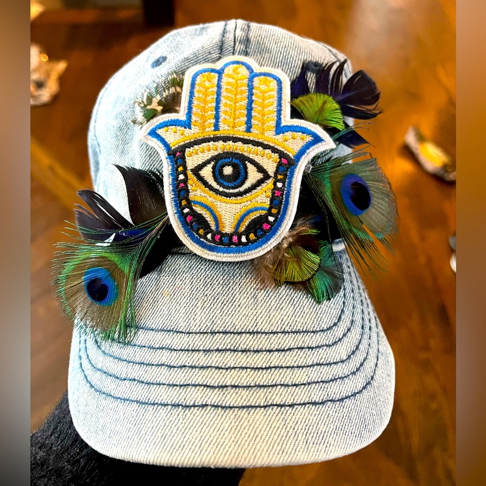 One of a kind, Jean baseball hat, eye of protection, Peacock unique hand made